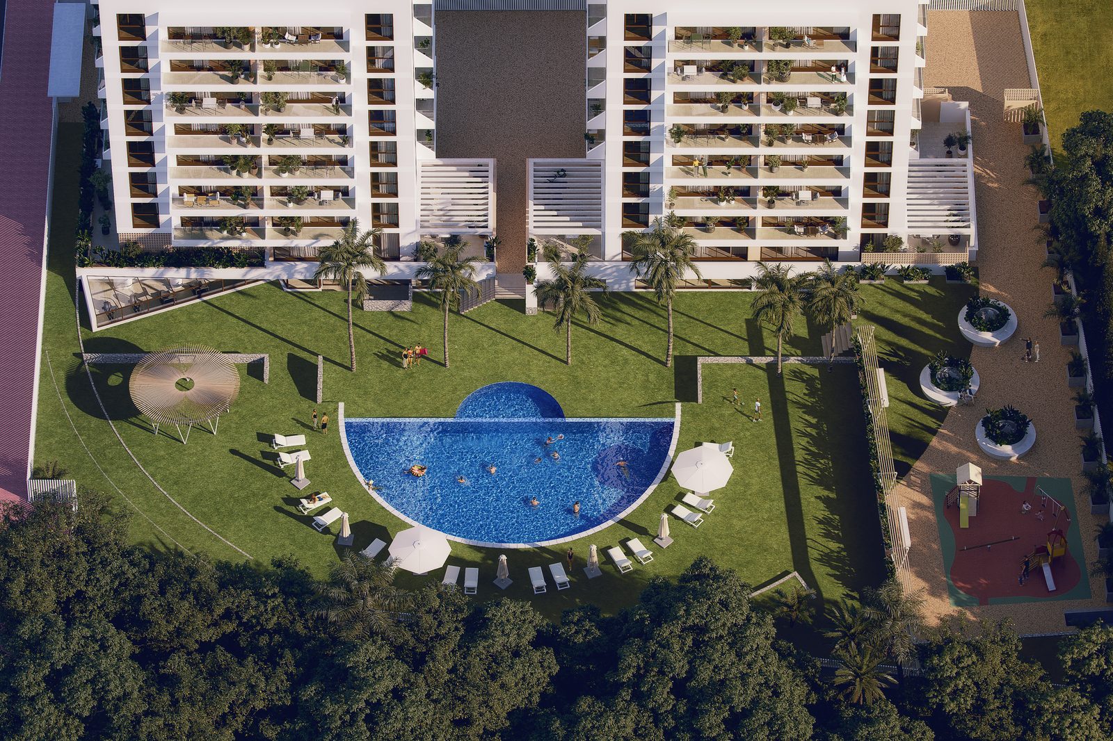 Vista aérea de la piscina central de Dunara Resort rodeada de 62 pisos de obra nueva de 2 dormitorios en Guardamar del Segura, Costa Blanca
